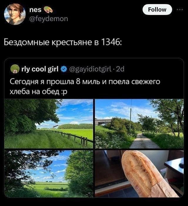 Бездомные крестьяне в 1346:
– Сегодня я прошла 8 миль и поела свежего хлеба на обед.