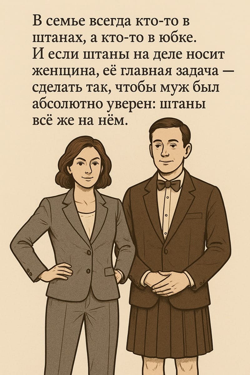 В семье всегда кто-то в штанах, а кто-то в юбке. И если штаны на деле носит женщина, её главная задача — сделать так, чтобы муж был абсолютно уверен: штаны всё же на нём.