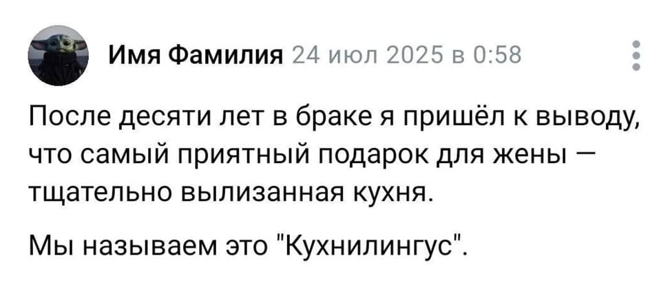 После десяти лет в браке я пришёл к выводу, что самый приятный подарок для жены — тщательно вылизанная кухня.
Мы называем это «Кухнилингус».