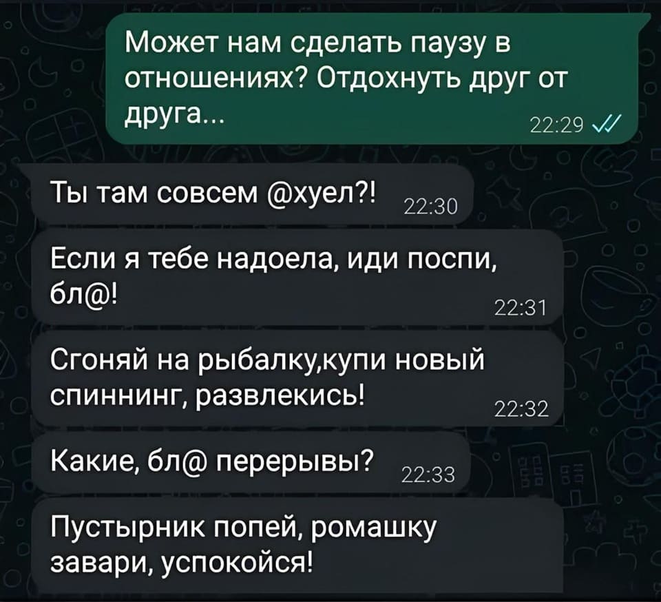 – Может нам сделать паузу в отношениях? Отдохнуть друг от друга...
– Ты там совсем @х*ел?! Если я тебе надоела, иди поспи. Сгоняй на рыбалку, купи новый спиннинг, развлекись! Какие, бл@ перерывы? Пустырник попей, ромашку завари, успокойся!