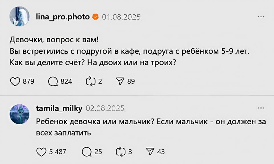 – Девочки, вопрос к вам! Вы встретились с подругой в кафе, подруга с ребёнком 5-9 лет. Как вы делите счёт? На двоих или на троих?
– Ребёнок девочка или мальчик? Если мальчик — он должен за всех заплатить.