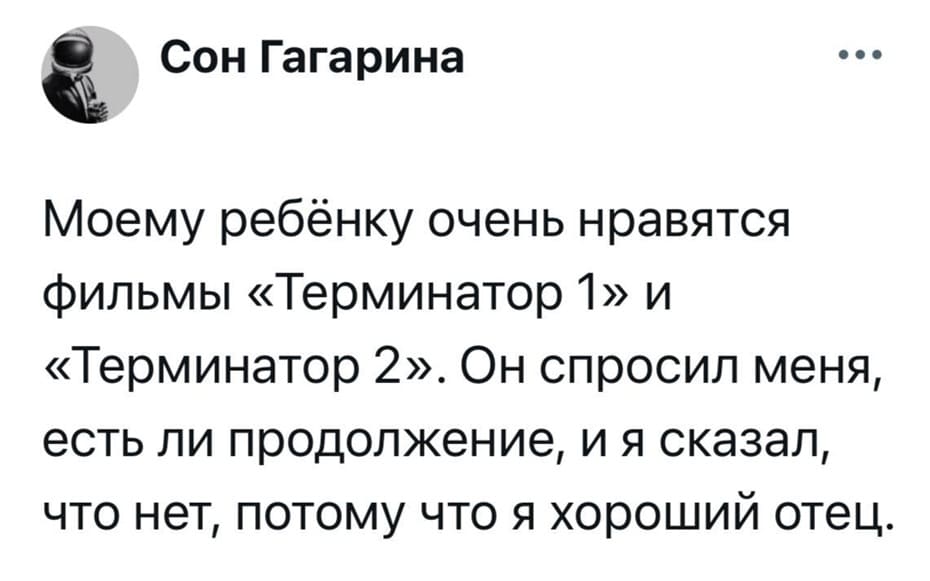Моему ребёнку очень нравятся фильмы «Терминатор 1» и «Терминатор 2». Он спросил меня, есть ли продолжение, и я сказал, что нет, потому что я хороший отец.