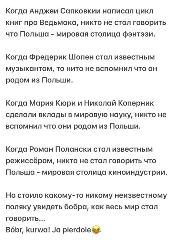 Когда Анджей Сапковкий написал цикл книг про Ведьмака, никто не стал говорить что Польша — мировая столица фэнтэзи.
Когда Фредерик Шопен стал известным музыкантом, то никто не вспомнил что он родом из Польши.
Когда Мария Кюри и Николай Коперник сделали вклады в мировую науку, никто не вспомнил что они родом из Польши.
Когда Роман Полански стал известным режиссёром, никто не стал говорить что Польша — мировая столица киноиндустрии.
Но стоило какому-то никому неизвестному поляку увидеть бобра, как весь мир стал говорить...
Bobr, kurwa! Ја pierdolee...