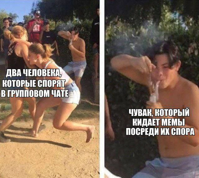 *Два человека, которые спорят в групповом чате*
*Чувак, который кидает мемы посреди их спора*