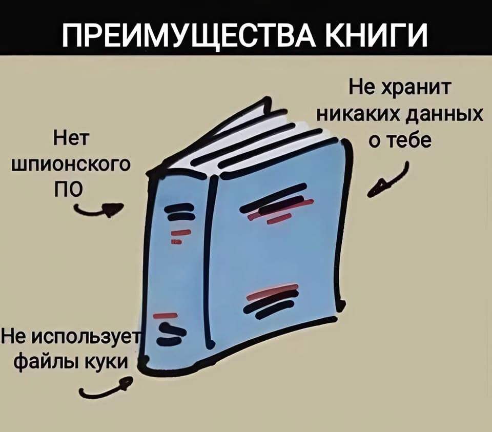 *ПРЕИМУЩЕСТВА КНИГИ*
*Не хранит никаких данных о тебе*
*Нет шпионского ПО*
*Не использует файлы куки*