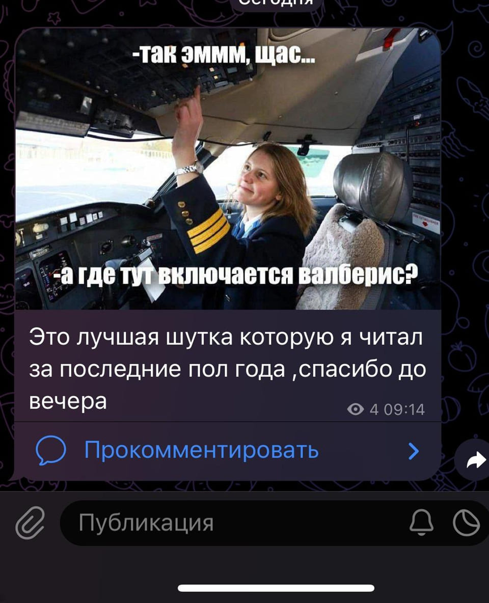 Женщина-пилот:
– Так эммм, щас... А где тут включается Вайлдберриз?

Это лучшая шутка которую я читал за последние пол года, спасибо до вечера.