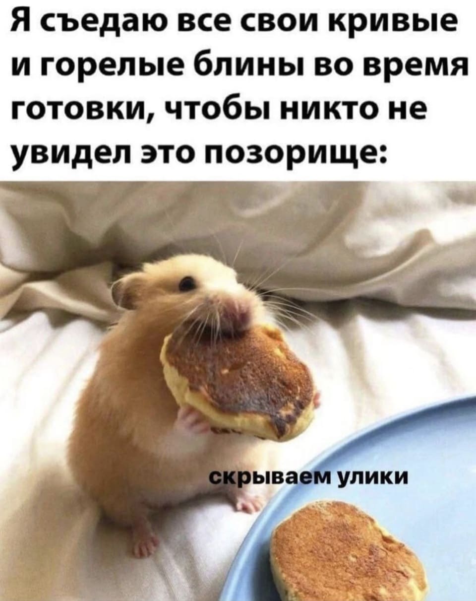 Я съедаю все свои кривые и горелые блины во время готовки, чтобы никто не увидел это позорище.
*Скрываем улики*