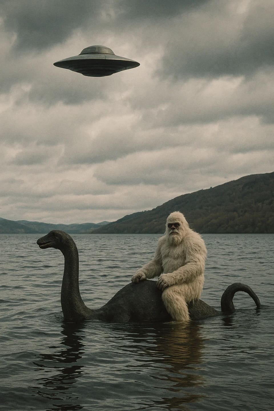 Снежный Человек верхом на Лох-несском чудовище с летающей тарелкой на заднем фоне.
