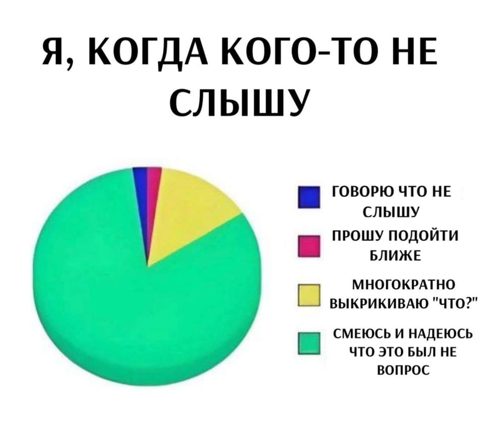 Я, КОГДА КОГО-ТО НЕ СЛЫШУ:
ГОВОРЮ ЧТО НЕ СЛЫШУ;
ПРОШУ ПОДОЙТИ БЛИЖЕ;
МНОГОКРАТНО ВЫКРИКИВАЮ «ЧТО?»;
СМЕЮСЬ И НАДЕЮСЬ ЧТО ЭТО БЫЛ НЕ ВОПРОС.