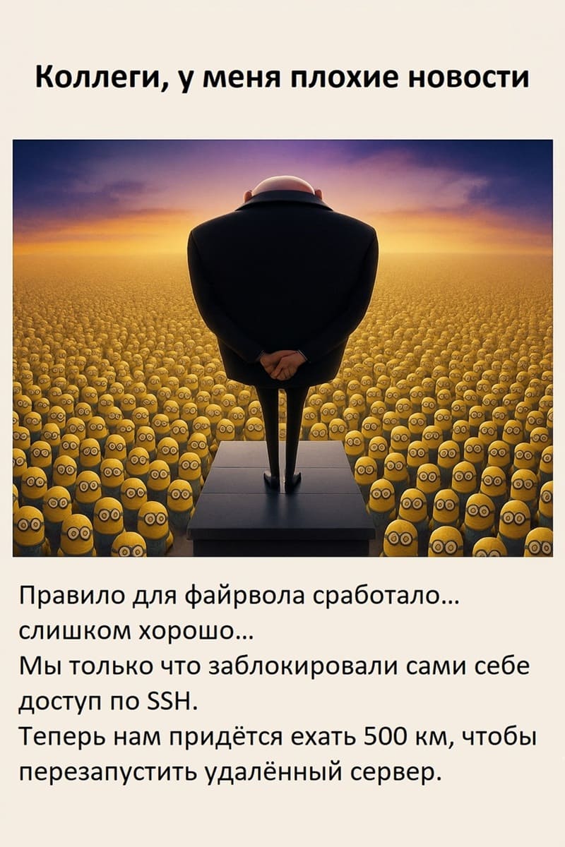 Коллеги, у меня плохие новости
Правило для файрвола сработало... слишком хорошо... Мы только что заблокировали сами себе доступ по SSH. Теперь нам придётся ехать 500 км, чтобы перезапустить удалённый сервер.