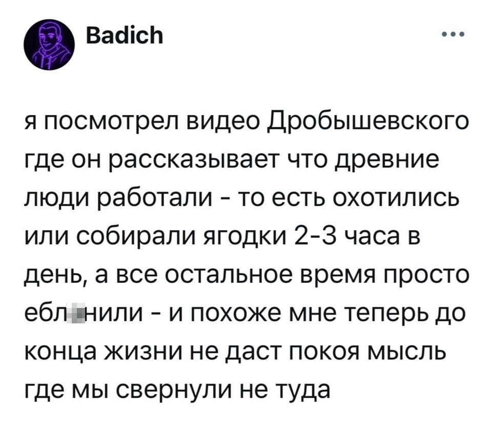 Я посмотрел видео Дробышевского где он рассказывает что древние люди работали – то есть охотились или собирали ягодки 2-3 часа в день, а всё остальное время просто ебл*нили – и похоже мне теперь до конца жизни не даст покоя мысль где мы свернули не туда.