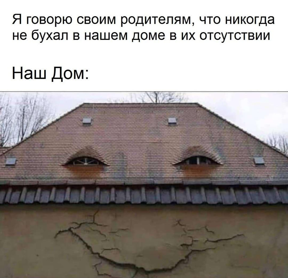 Я говорю своим родителям, что никогда не бухал в нашем доме в их отсутствии.
Наш дом: *Смотрит укуренным взглядом*