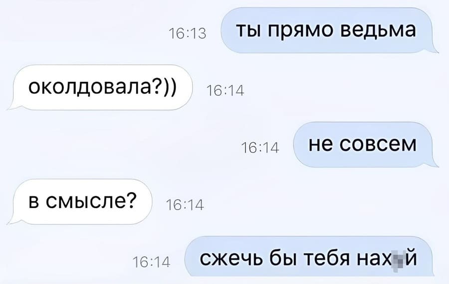 – Ты прямо ведьма.
– Околдовала?))
– Не совсем.
– В смысле?
– Сжечь бы тебя нах*й.