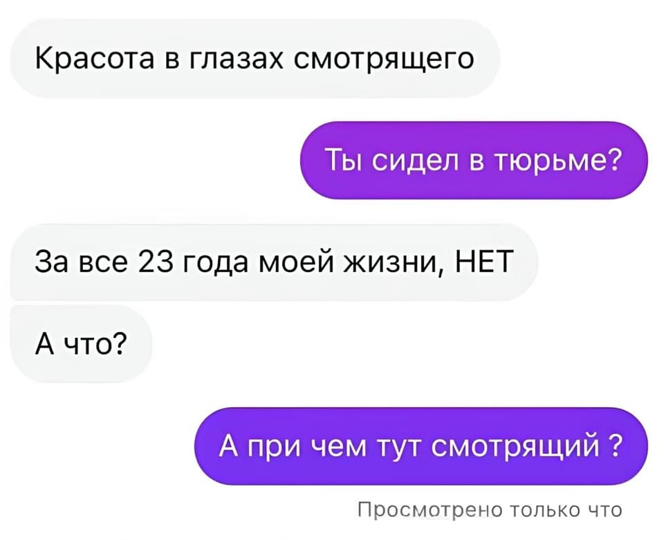 – Красота в глазах смотрящего.
– Ты сидел в тюрьме?
– За все 23 года моей жизни, НЕТ. А что?
– А при чём тут смотрящий?