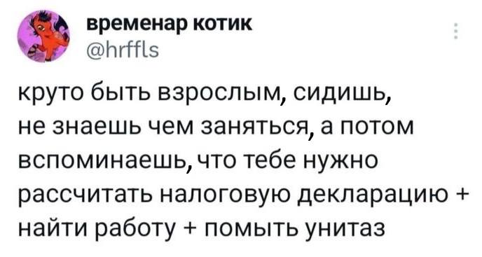 Круто быть взрослым, сидишь, не знаешь чем заняться, а потом вспоминаешь, что тебе нужно рассчитать налоговую декларацию + найти работу + помыть унитаз.