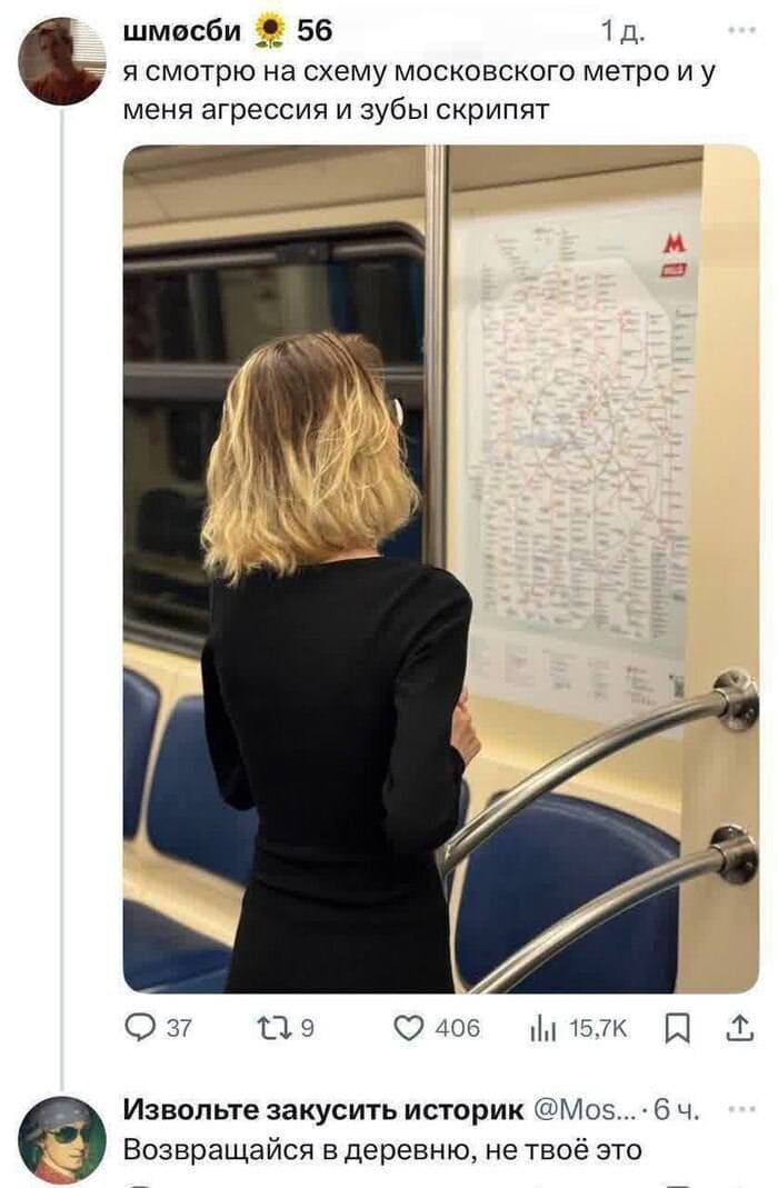 – Я смотрю на схему московского метро и у меня агрессия и зубы скрипят.
– Возвращайся в деревню, не твоё это.