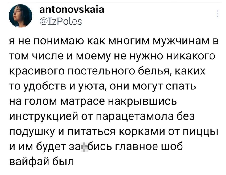 Я не понимаю, как многим мужчинам, в том числе и моему, не нужно никакого красивого постельного белья, каких-то удобств и уюта: они могут спать на голом матрасе, накрывшись инструкцией от парацетамола, без подушки и питаться корками от пиццы, и им будет за*бись, главное, шоб вайфай был.