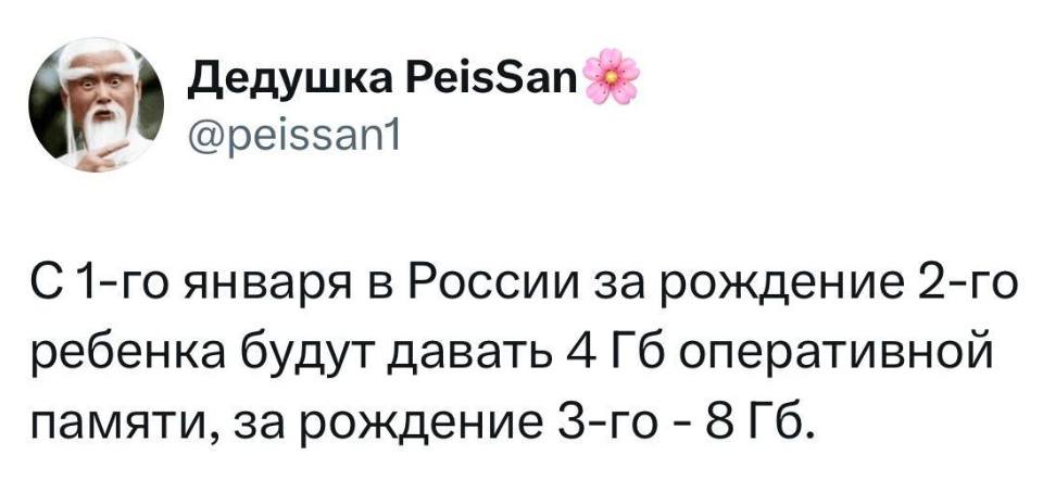 С 1-го января в России за рождение 2-го ребенка будут давать 4 Гб оперативной памяти, за рождение 3-го – 8 Гб.