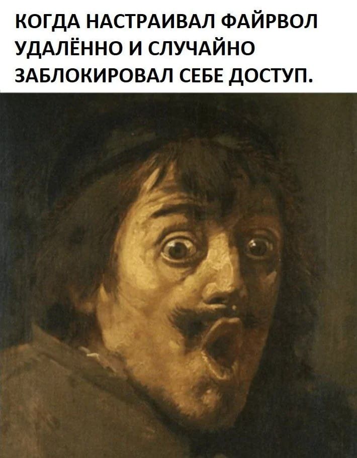 *Когда настраивал файрволл (Межсетевой экран) удалённо и случайно заблокировал себе доступ*