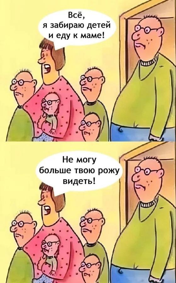 Жена мужу:
– Всё! Я забираю детей и еду к маме! He могу больше твою рожу видеть!