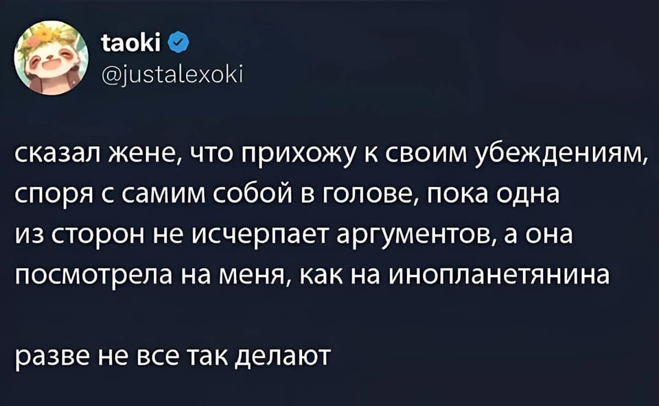Сказал жене, что прихожу к своим убеждениям, споря с самим собой в голове, пока одна из сторон не исчерпает аргументов, а она посмотрела на меня, как на инопланетянина. Разве не все так делают?