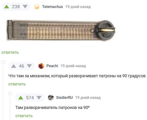 – Что там за механизм, который разворачивает патроны на 90 градусов?
– Там разворачиватель патронов на 90°