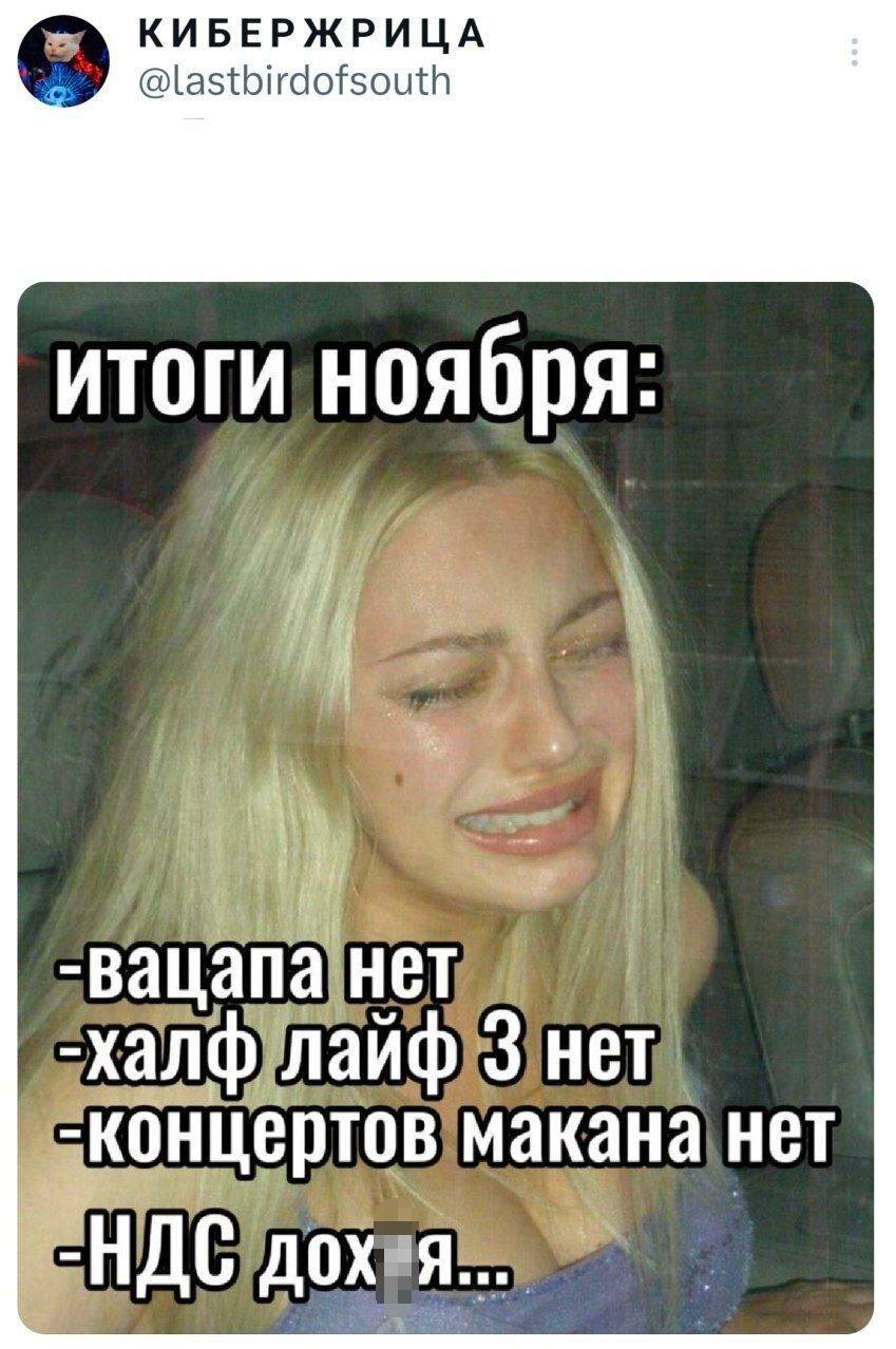 Итоги ноября:
– Вацапа нет
– Халф лайф 3 нет
– Концертов Макана нет
– НДС дох*я...