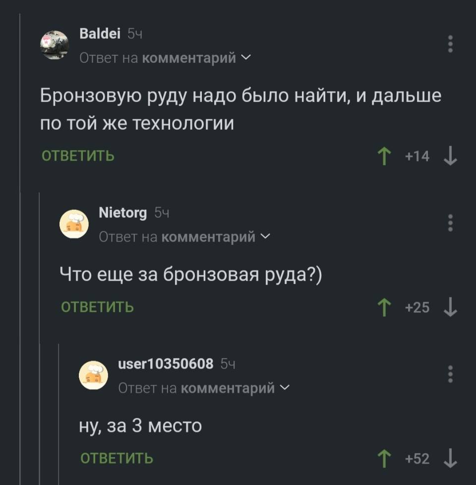– Бронзовую руду надо было найти, и дальше по той же технологии.
– Что еще за бронзовая руда?
– Ну, за 3 место.