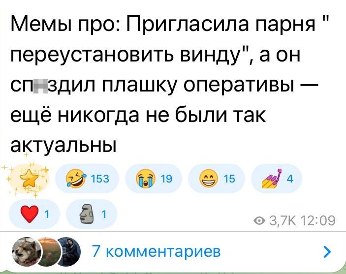 Мемы про: Пригласила парня «переустановить винду», а он спздил плашку оперативы — ещё никогда не были так актуальны.