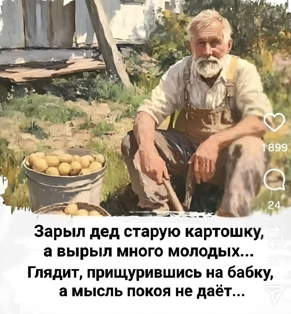 Зарыл дед старую картошку, а вырыл много молодых...
Глядит, прищурившись на бабку, а мысль покоя не даёт...