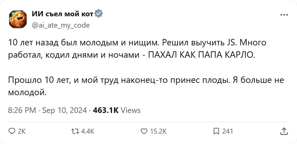 10 лет назад был молодым и нищим. Решил выучить JS. Много работал, кодил днями и ночами — ПАХАЛ КАК ПАПА КАРЛО.
Прошло 10 лет, и мой труд наконец-то принес плоды. Я больше не молодой.