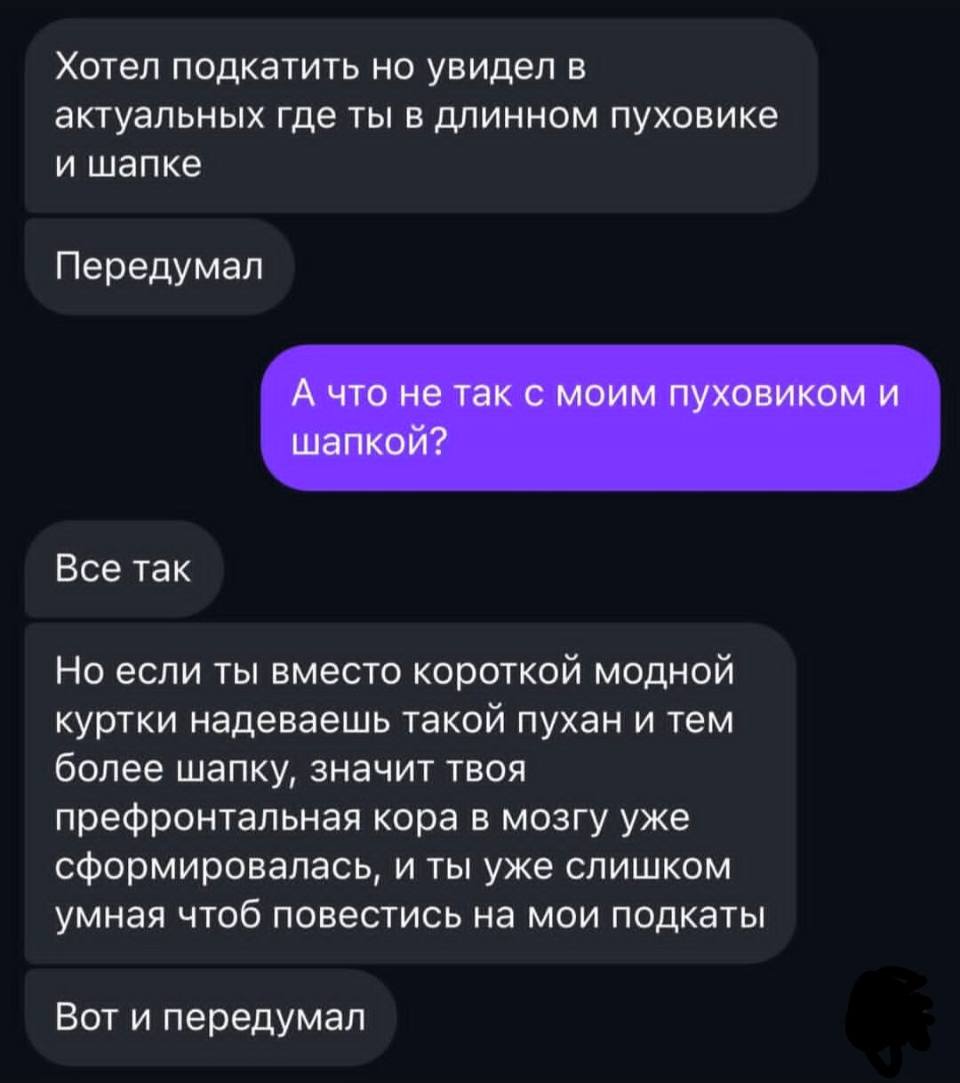 – Хотел подкатить но увидел в актуальных где ты в длинном пуховике и шапке. Передумал.
– А что не так с моим пуховиком и шапкой?
– Всё так. Но если ты вместо короткой модной куртки надеваешь такой пухан и тем более шапку, значит твоя префронтальная кора в мозгу уже сформировалась, и ты уже слишком умная чтоб повестись на мои подкаты. Вот и передумал.