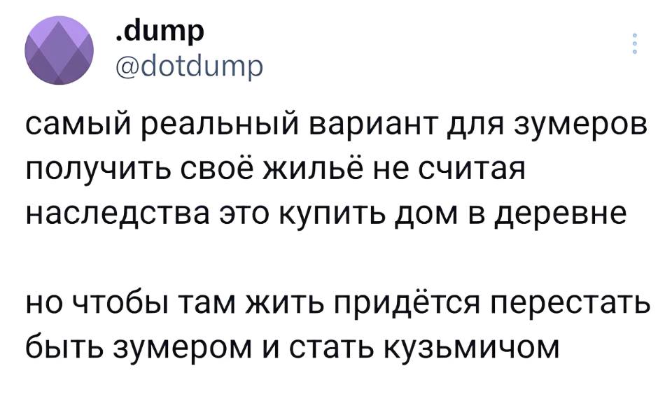 Самый реальный вариант для зумеров получить своё жильё не считая наследства это купить дом в деревне но чтобы там жить придётся перестать быть зумером и стать кузьмичом.