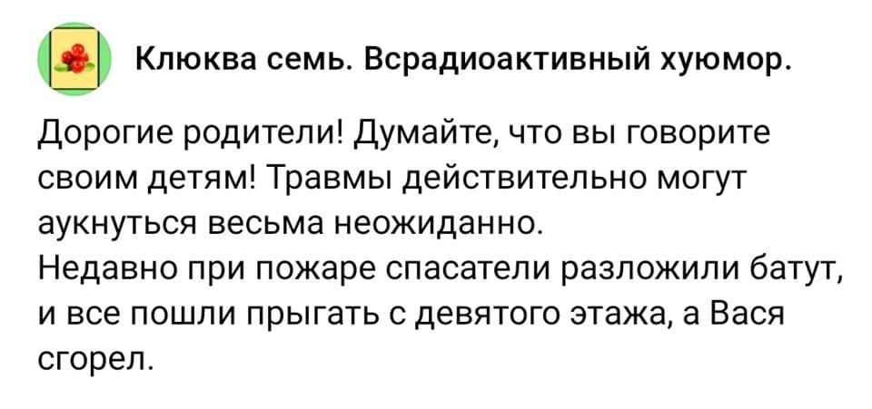 Дорогие родители! Думайте, что вы говорите своим детям! Травмы действительно могут аукнуться весьма неожиданно.
Недавно при пожаре спасатели разложили батут, и все пошли прыгать с девятого этажа, а Вася сгорел.