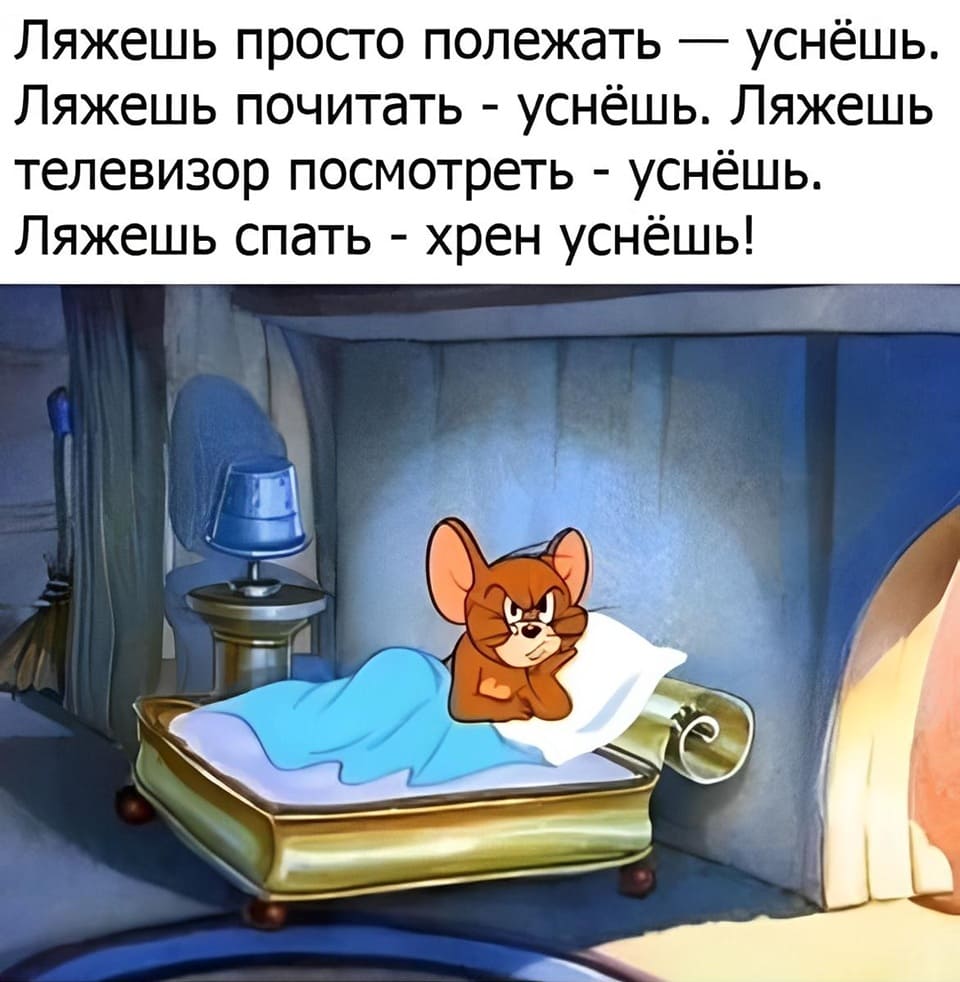 Ляжешь просто полежать — уснёшь.
Ляжешь почитать — уснёшь.
Ляжешь телевизор посмотреть — уснёшь.
Ляжешь спать — хрен уснёшь!