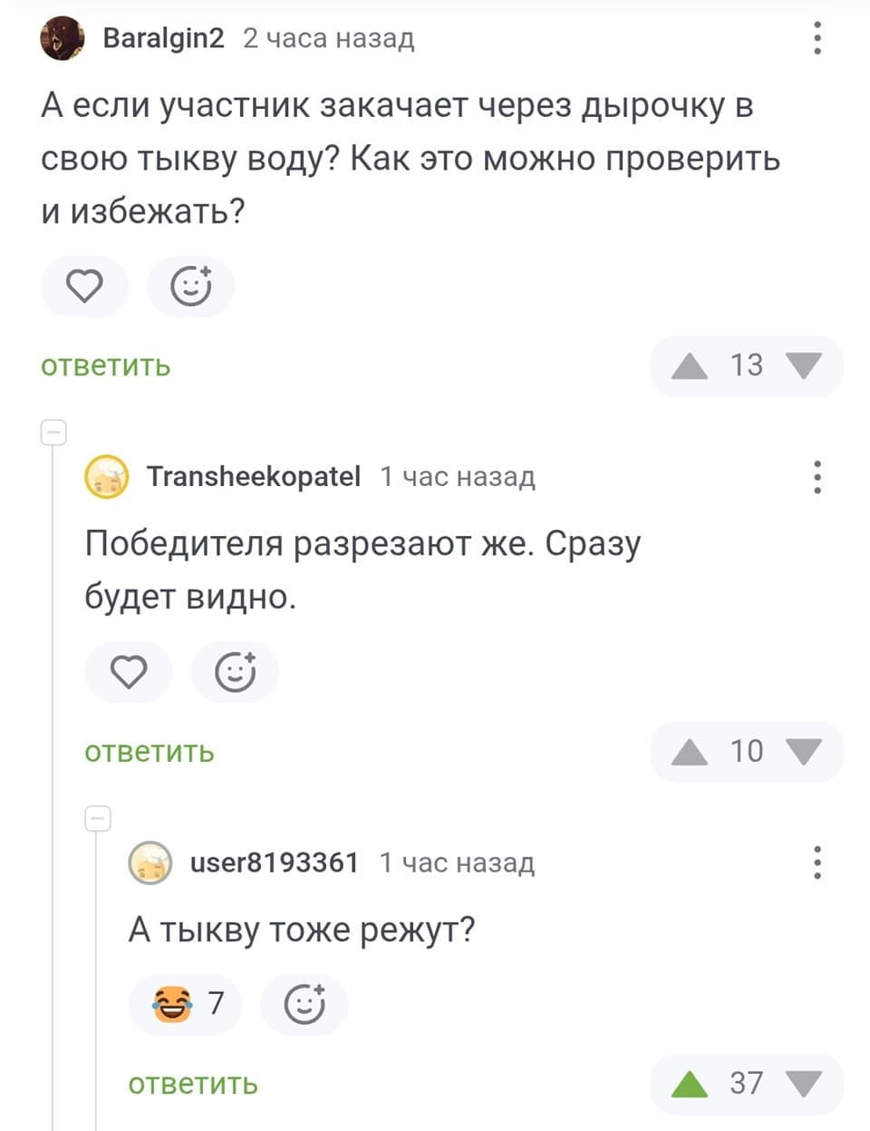 – А если участник закачает через дырочку в свою тыкву воду? Как это можно проверить и избежать?
– Победителя разрезают же. Сразу будет видно.
– А тыкву тоже режут?