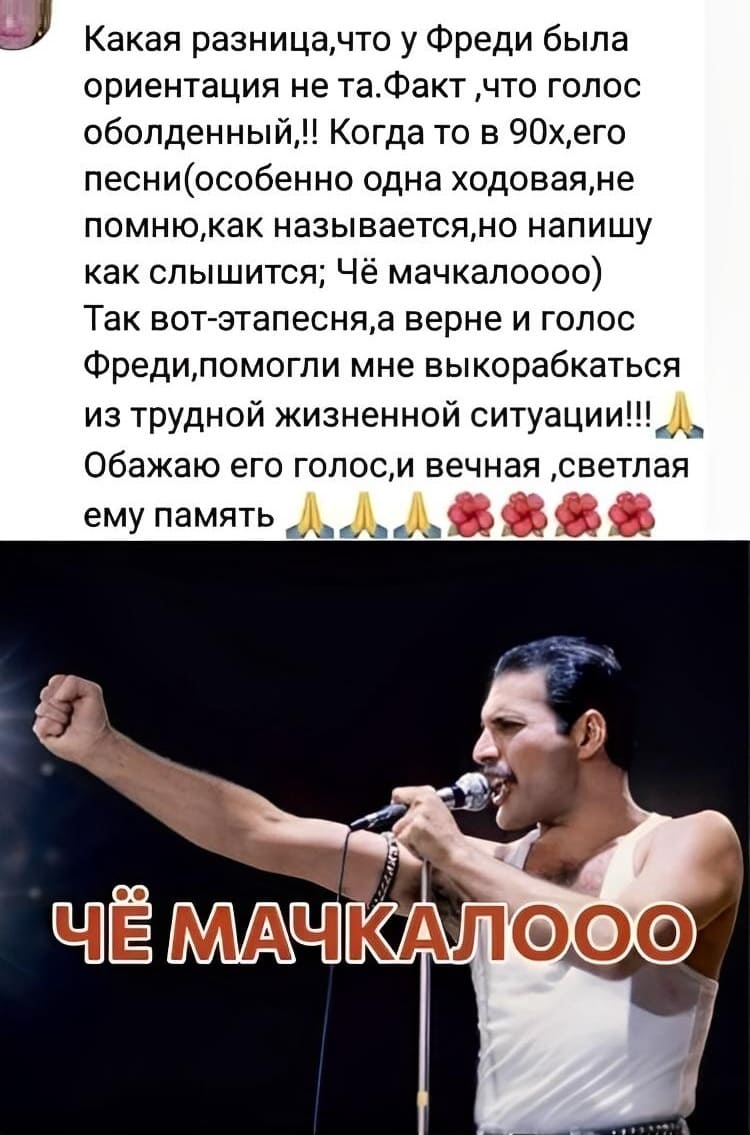 Какая разница, что у Фреди была ориентация не та. Факт, что голос оболденный!! Когда то в 90х, его песни (особенно одна ходовая, не помню, как называется, но напишу как слышится: Чё мачкалоооо) Так вот — эта песня, а вернее и голос Фреди, помогли мне выкарабкаться из трудной жизненной ситуации!!! Обажаю его голос, и вечная, светлая ему память.