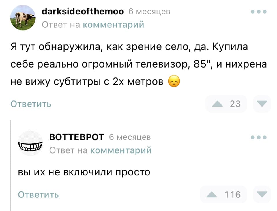 – Я тут обнаружила, как зрение село, да. Купила себе реально огромный телевизор, 85 дюймов, и нихрена не вижу субтитры с 2-х метров.
– Вы их не включили просто.