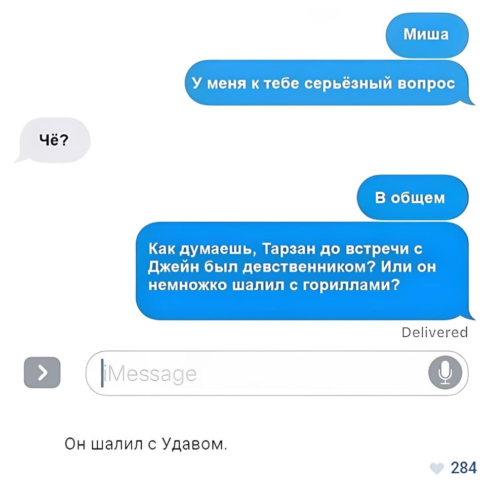 – Миша. У меня к тебе серьёзный вопрос.
– Что?
– В общем. Как думаешь, Тарзан до встречи с Джейн был девственником? Или он немножко шалил с гориллами?
– Он шалил с Удавом...