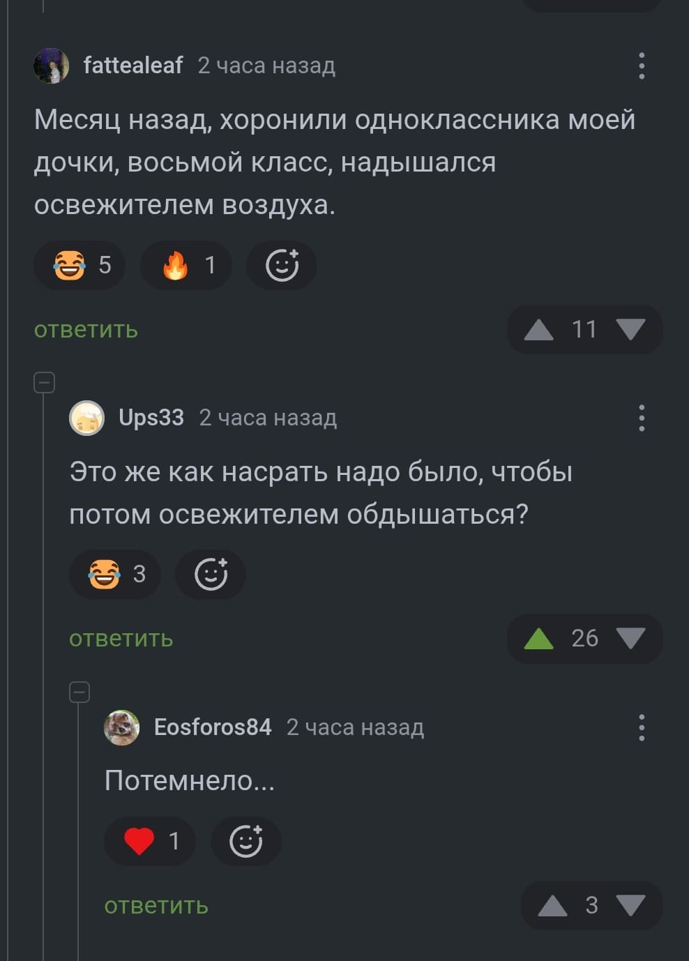 – Месяц назад, хоронили одноклассника моей дочки, восьмой класс, надышался освежителем воздуха.
– Это же как насрать надо было, чтобы потом освежителем обдышаться?
– Потемнело...