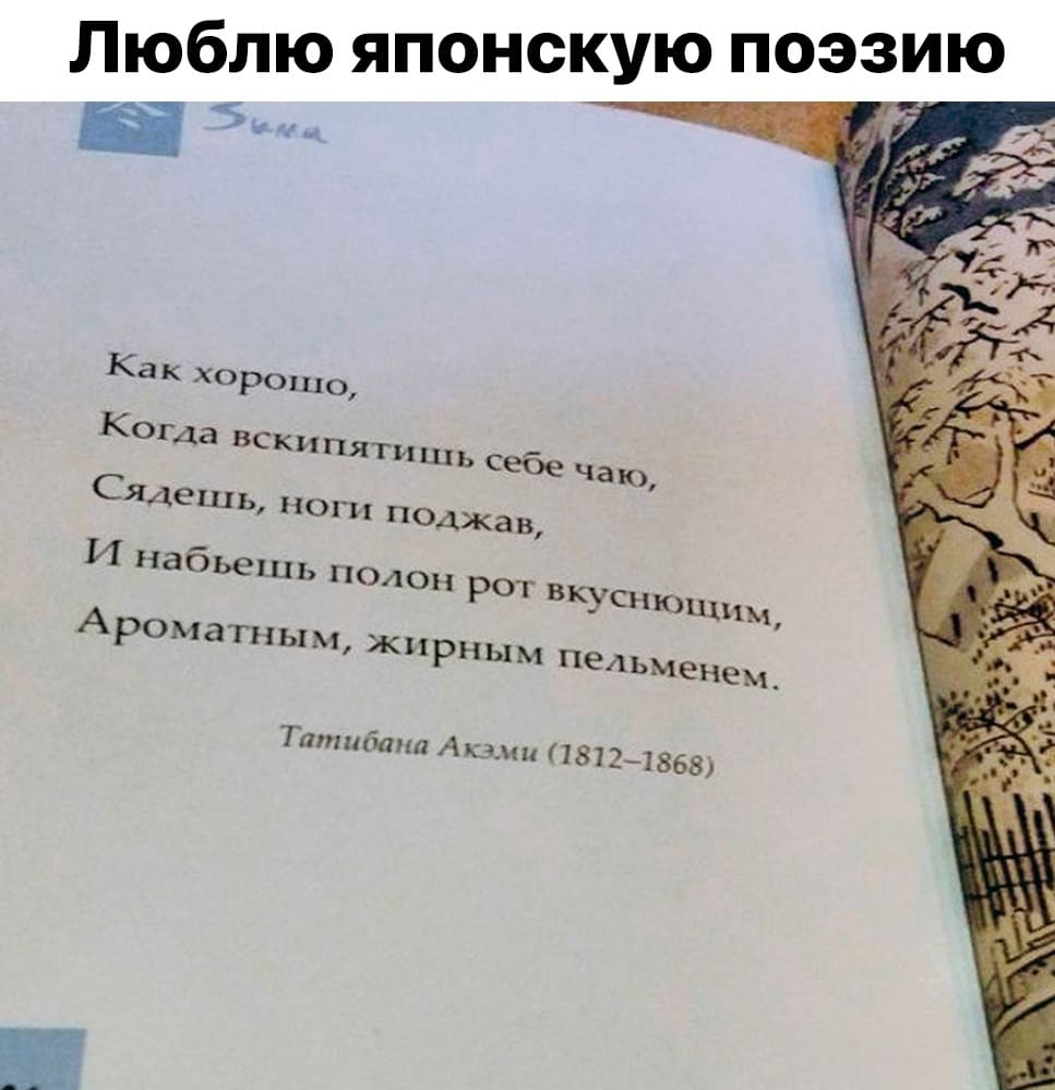 *Люблю японскую поэзию*
Как хорошо,
Когда вскипятишь себе чаю,
Сядешь, ноги поджав,
И набьёшь полон рот вкуснющим,
Ароматным, жирным пельменем.
Татибана Акэми (1812—1868)