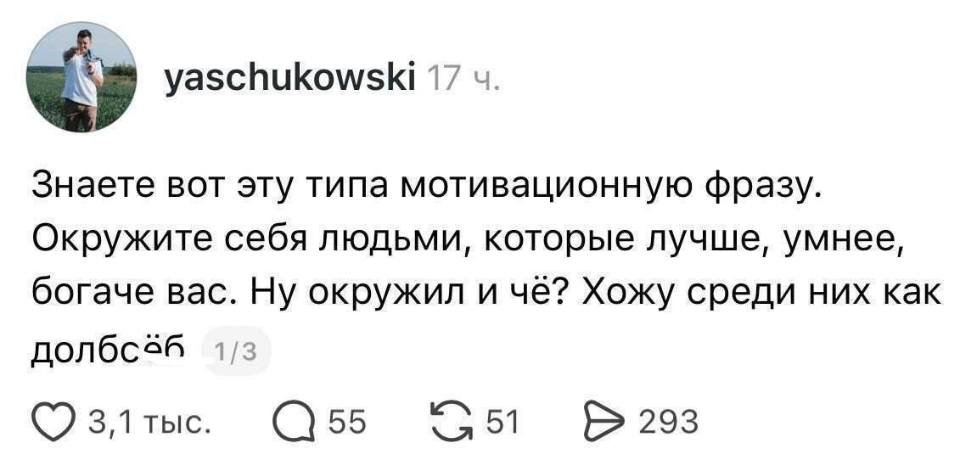 Знаете вот эту типа мотивационную фразу. Окружите себя людьми, которые лучше, умнее, богаче вас. Ну окружил и чё? Хожу среди них как долб***б.