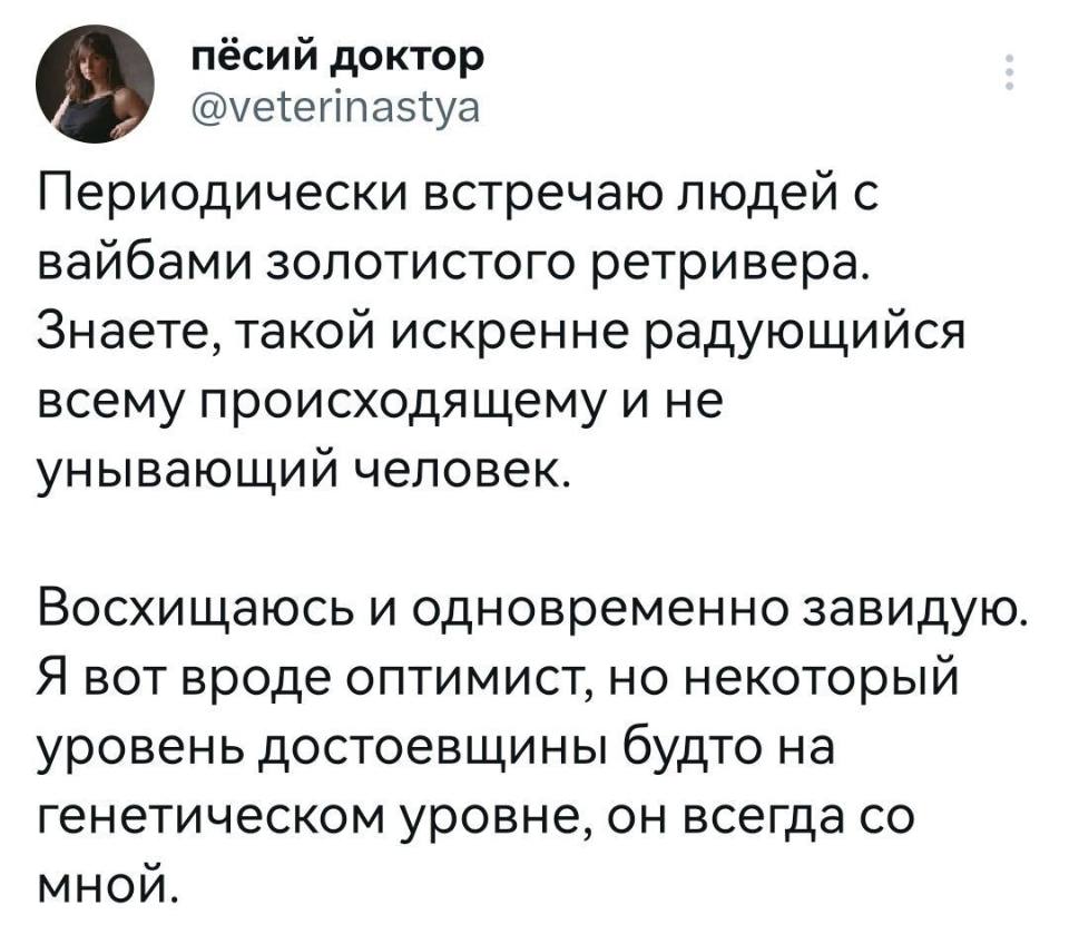 Периодически встречаю людей с вайбами золотистого ретривера. Знаете, такой искренне радующийся всему происходящему и не умывающийся человек.
Восхищаюсь и одновременно завидую.
Я вот вроде оптимист, но некоторый уровень достоевщины будто на генетическом уровне, он всегда со мной.