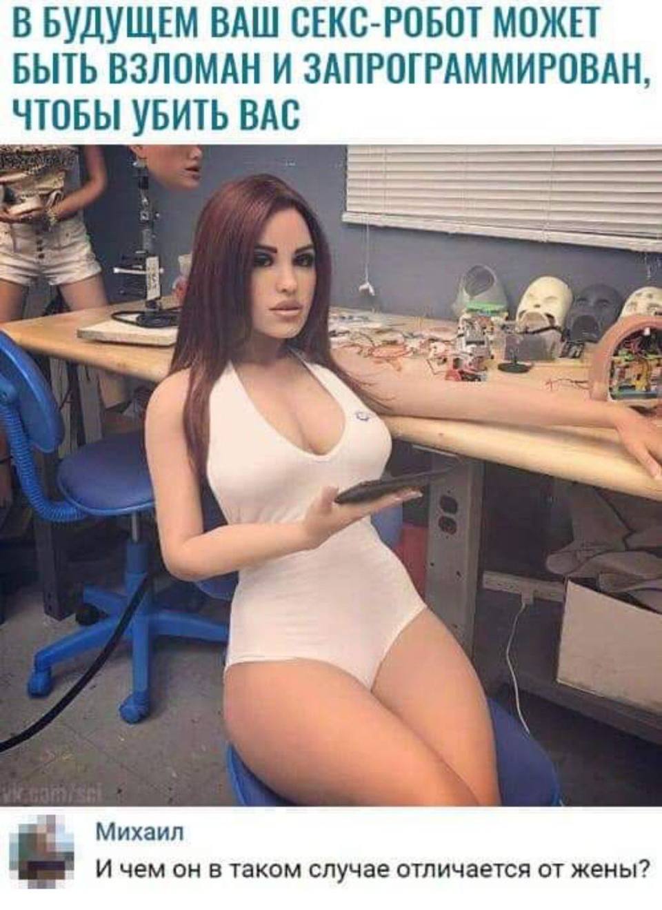 В БУДУЩЕМ ВАШ СЕКС-РОБОТ МОЖЕТ БЫТЬ ВЗЛОМАН И ЗАПРОГРАММИРОВАН, ЧТОБЫ УБИТЬ ВАС.
– В таком случае, чем же она тогда отличается от жены?