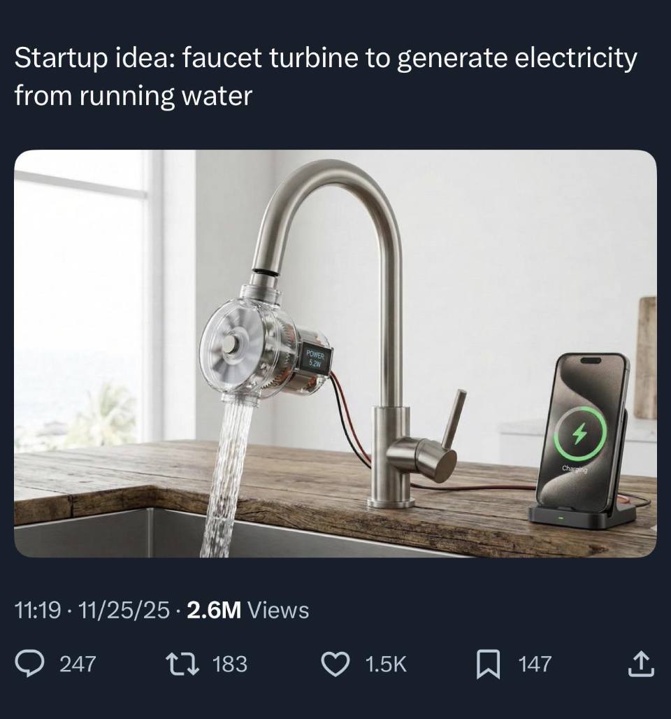 *Подключаем генератор энергии к воде, текущей из под крана.*
*Startup idea: faucet turbine to generate electricity from running water*