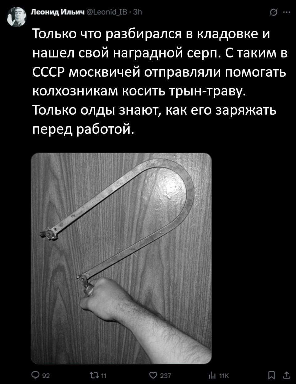 Только что разбирался в кладовке и нашел свой наградной серп. С таким в СССР москвичей отправляли помогать колхозникам косить трын-траву. Только олды знают, как его заряжать перед работой.