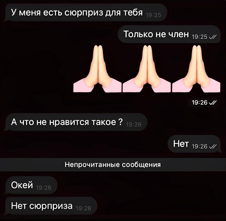 – У меня есть сюрприз для тебя.
– Только не член.
– А что не нравится такое?
– Нет.
– Окей. Нет сюрприза.