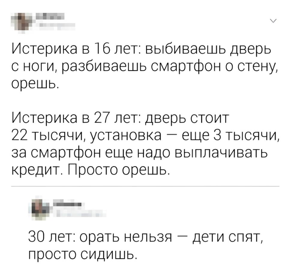 Истерика в 16 лет: выбиваешь дверь с ноги, разбиваешь смартфон о стену, орёшь.
Истерика в 27 лет: дверь стоит 22 тысячи, установка — ещё 3 тысячи, за смартфон ещё надо выплачивать кредит. Просто орёшь.
30 лет: орать нельзя — дети спят, просто сидишь.