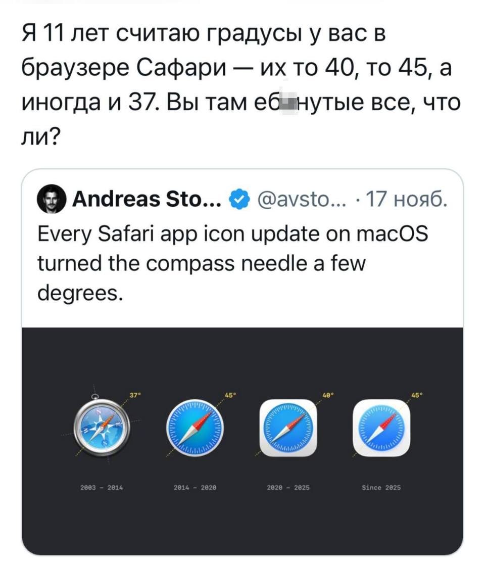 Я 11 лет считаю градусы у вас в браузере Сафари — их то 40, то 45, а иногда и 37. Вы там еб*нутые все, что ли?
