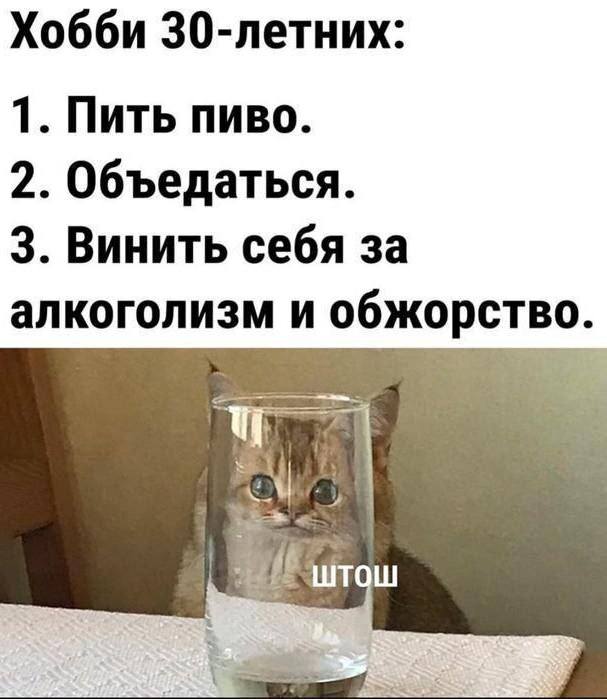 Хобби 30-летних:
1. Пить пиво.
2. Объедаться.
3. Винить себя за алкоголизм и обжорство.